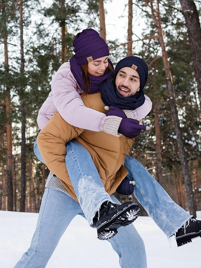 Winter Beanie Hat Scarf Gloves, Warm Fleece Knit Hats Touch Screen Gloves Neck Scarf Set Winter Gifts for Unisex Adult