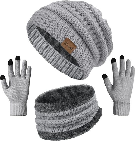 Loritta 3 Pieces Winter Hats for Women Scarf Touch Screen Gloves Set Thick Warm Fleece Lined Beanie Hat Gifts