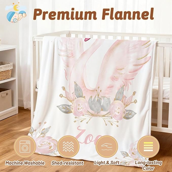 Personalized Baby Blanket with Name, Customized Soft Animals Flannel Blankets for Newborn Boys Girls and Toddlers, for New Mom, Infant Birthday Gift, Swan
