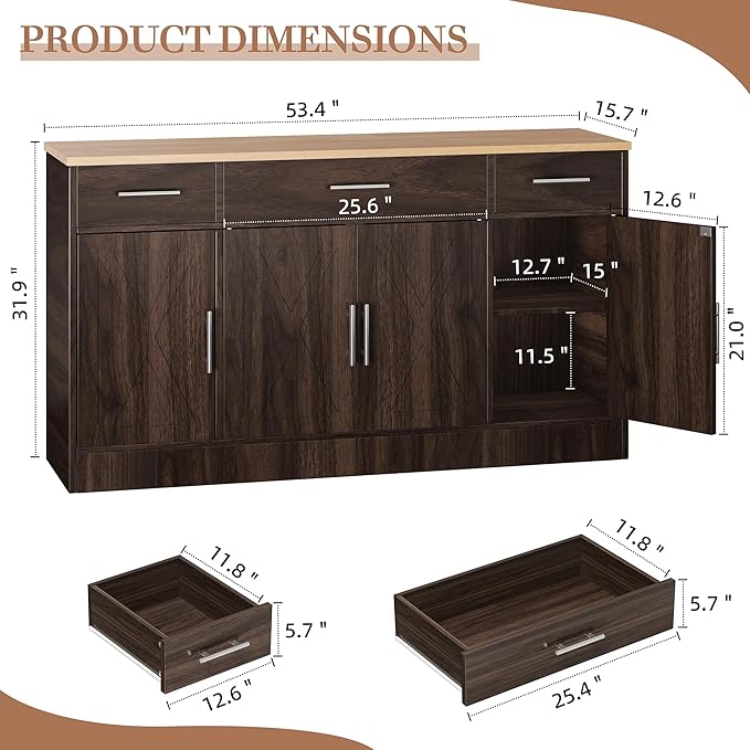 Shintenchi Buffet Cabinet with Storage,53.4" Large Kitchen Storage Cabinet with 3 Drawers and 4 Doors,Wood Farmhouse Buffet Sideboard with Adjustable Shelf for Kitchen Living Room, Brown