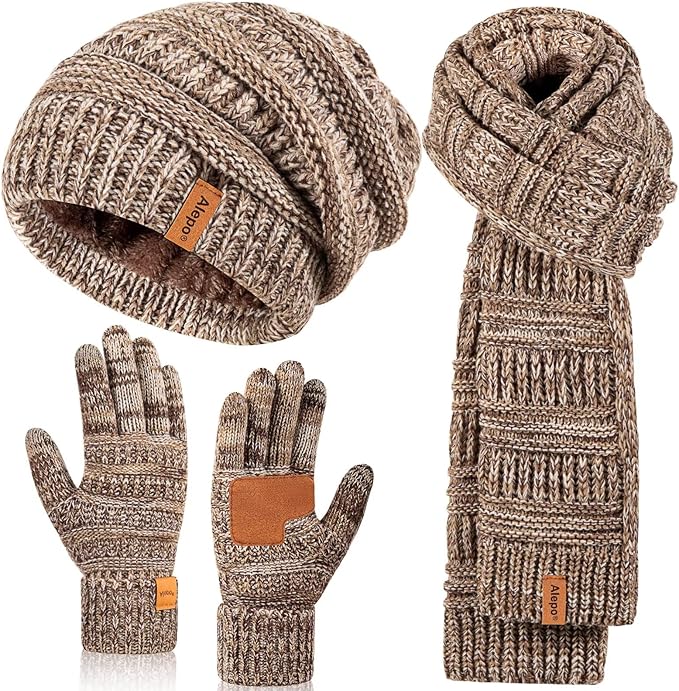 Winter Beanie Hat Scarf Gloves Set for Women, Slouchy Beanie Long Scarf Touchscreen Gloves, Warm 3 in 1 Christmas Gift Set