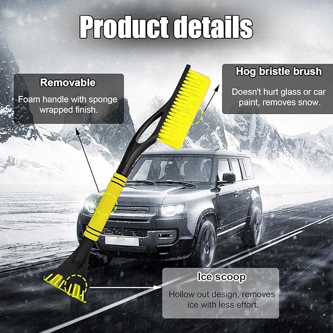 Car Snow Brush and Ice Scraper, Multi-Functional Detachable Snow Brush with Foam Grip, Ice Snow Removal Cleaning Tool for Car Windshield Window, Universal Car Accessories (Yellow)