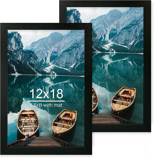 12x18 Frame Set of 2, Rustic Black Wood Style, Display 12 x 18 Poster without Mat or 8.5x11 Picture with Mat, Wall Mounting Horizontal and Vertical