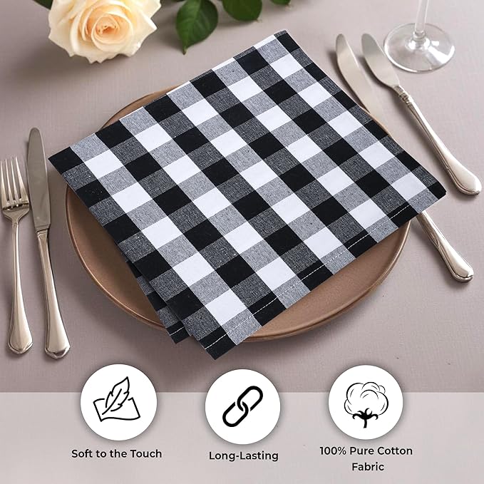 Urban Villa Cloth Napkins 100% Cotton Dinner Napkins Highly Absorbent 20x20 Inches (Set of 12) Black White Buffalo Checks Reusable Washable Soft Durable Premium Napkins Ideal for Home Wedding Parties