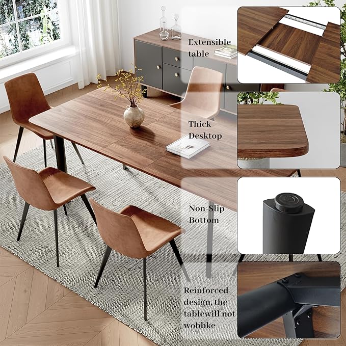 63"- 78.7" Extendable Dining Table Set for 6, Modern Kitchen Table with 6 Dining Chairs, Thickened Expandable Wooden Table with Metal Legs for Dining Room, Kitchen