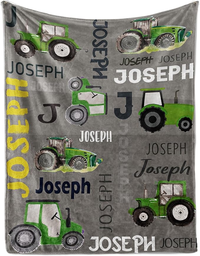 Personalized Tractors Blanket - Custom Name with Farm Tractor Trucks Design - Soft Plush Flannel Bed Blanket for Baby Kid Teen Boys Girls Customized Gifts Grey