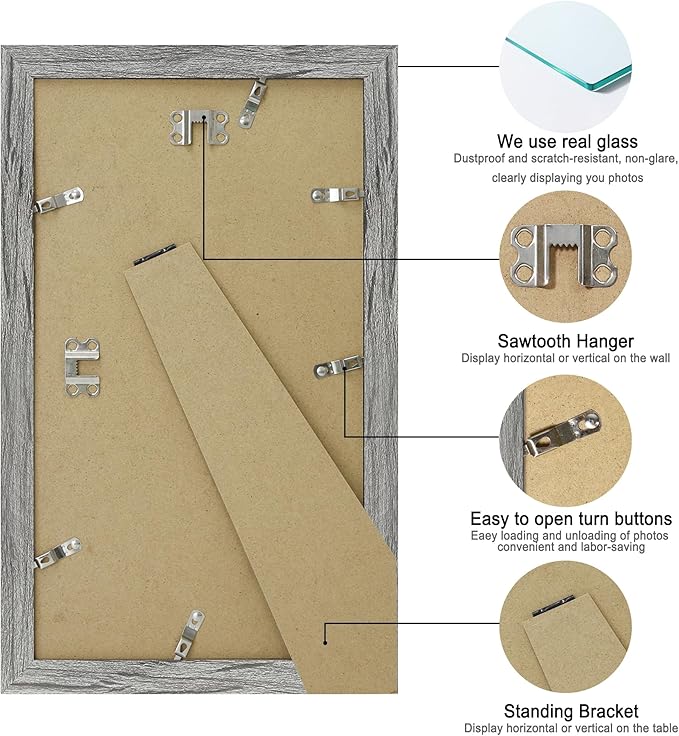 8x14 Picture Frame Set of 2, Rustic Grey Wood Frame with Glass Collage Frame, Display Pictures 3-4x6 With Mat or 8 x 14 Without Mat - Horizontal or Vertical Wall Mounting