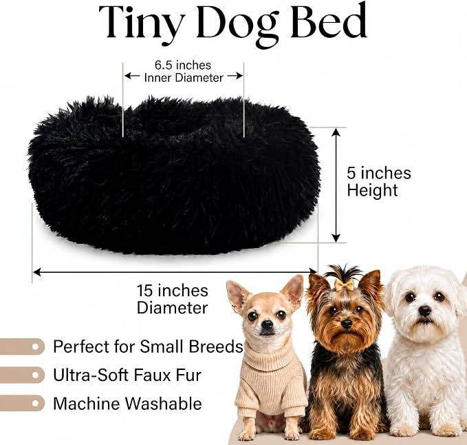 Tiny Dog Bed for Extra Small Dogs for Chihuahua Pomeranian Toy Poodle | 15 Inch Washable Puppy Bed,Soft Faux Fur Calming Donut Bed,Black