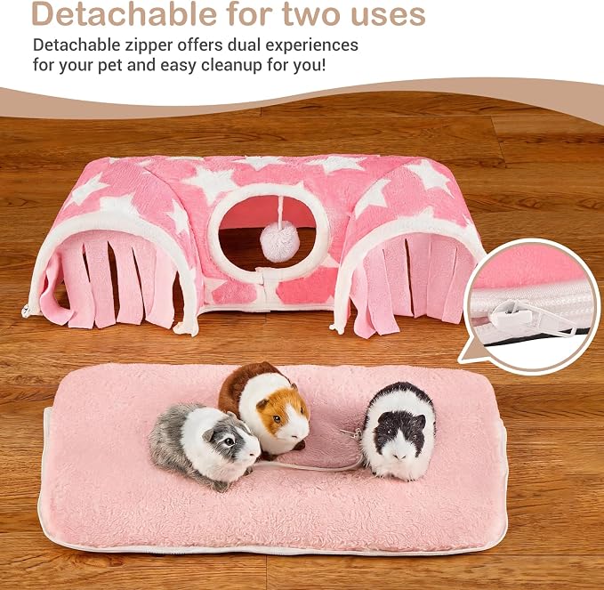 Avont Guinea Pig Tunnel, Small Animal Hideaway Tube Toy | Cozy Plush Tunnel for Guinea Pigs and Small Pets with Non-Slip Bottom and 2-In-1 Design in Medium Size Pink