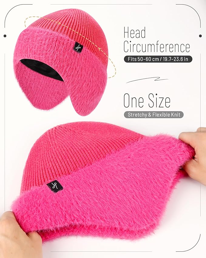 Winter Fleece-Lined Beanie with Earflaps, Warm Windproof Unisex Beanie Hat for Skiing, Hiking & Outdoor Winter Sports