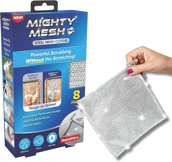 Mighty Mesh Pro Steel Mesh Cloths (8 Pack) with MagnaGrip Magnetic Storage | Powerful, Non-Scratch Kitchen Scrubber | Easy-Clean, Odor-Resistant Design for All Surfaces