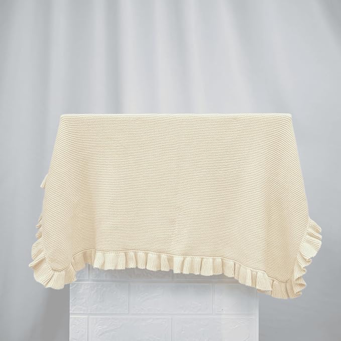 Ruffle Knit Blanket for Baby - 100% Luxury Soft Cotton Knit Warm Cozy Cuddle Stroller Crib Blanket for Newborns, Infants, & Toddlers (Beige)