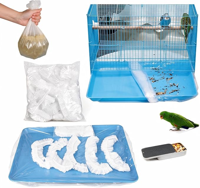 COMINGOIN 100 Pcs Universal Bird Cage Liners - 23X19 Inch Disposable Leak-Proof Elastic Edge Pet Cage Waste Bags for Most Bird Cages