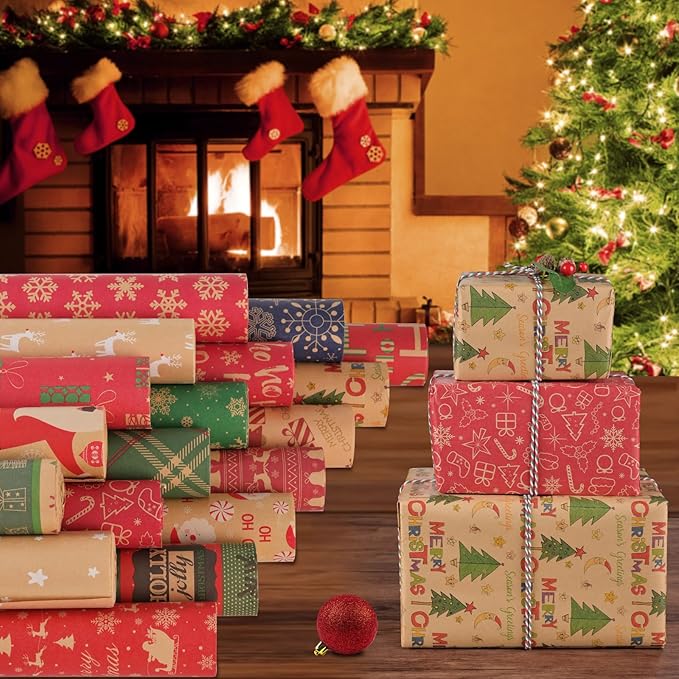 AhfuLife 2 Rolls Christmas Wrapping Paper - 17 Inch × 49.2 Ft Per Roll, Recyclable Red Kraft Xmas Wrapping Paper for Christmas Gift Box Decoration