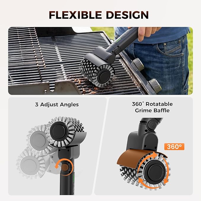 Leebein Electric Grill Brush for Outdoor, 2026 Upgraded BBQ Grill Cleaner with 3 Heads, 3-Speed & Angle Adjust Cordless Rotary Grill Brush, 150Mins Runtime Grill Cleaning Brush for Barbecue Grates