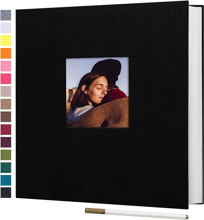 potricher Large Photo Album Self Adhesive 3x5 4x6 5x7 8x10 Pictures Linen Cover 40 Blank Pages Magnetic DIY Scrapbook Album with A Metallic Pen (Black, 11x10.6 inch 40 Pages)