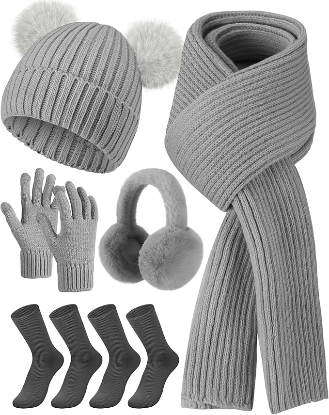 Geyoga 6 Pcs Winter Warm Fleece Knit Hat Long Scarf Touchscreen Gloves Ear Muffs Socks Sets, Winter Warm Gifts for Women