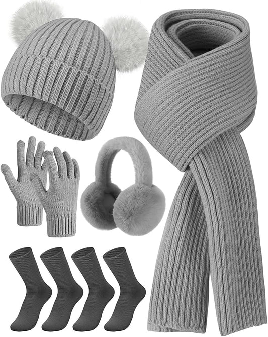 Geyoga 6 Pcs Winter Warm Fleece Knit Hat Long Scarf Touchscreen Gloves Ear Muffs Socks Sets, Winter Warm Gifts for Women