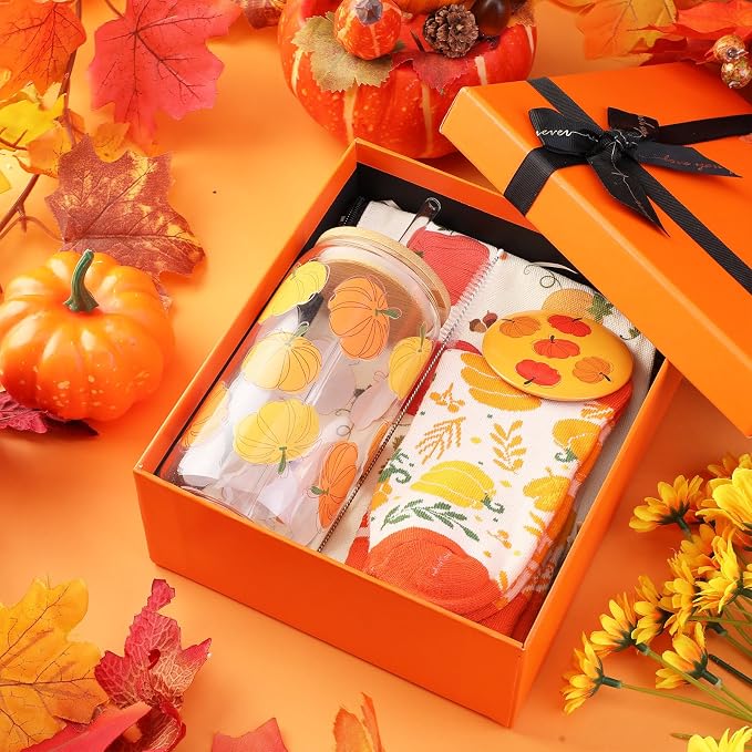 Kacctyen 5 Pcs Thanksgiving Gifts Basket for Women Orange Pumpkin Birthday Gift Basket 16 oz Pumpkin Cup with Lid Straw Makeup Bag Socks Mirror for Thanksgiving Friendsgiving Holiday Souvenirs