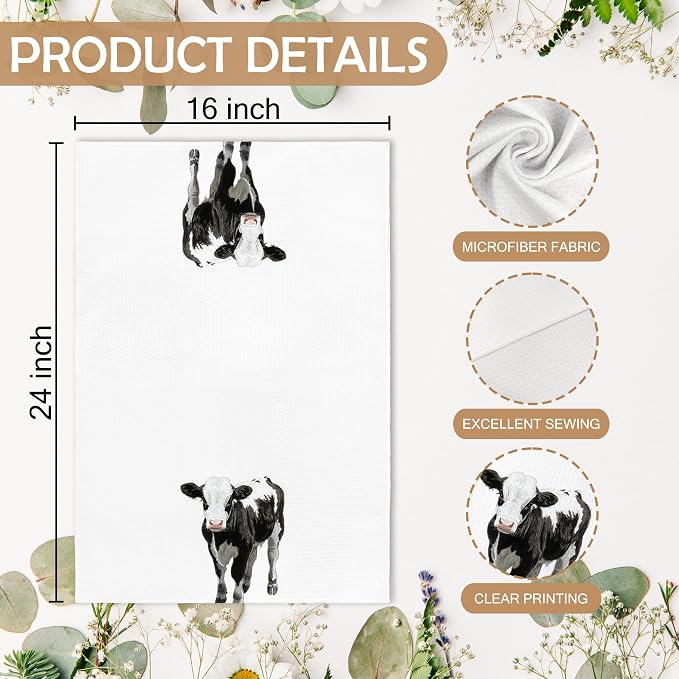 Funny Cow Kitchen Towels and Dishcloths Sets of 2, Cow Decor Stuff Gifts for Women, Woodsy Rustic Cabin Farmhouse Farm Nursery Home Decor Dish Hand Tea Towels for Bathroom Kitchen,16x24 Inch