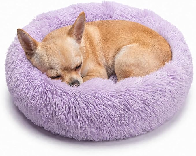 Tiny Dog Bed 15 Inch for Extra Small Dogs,Washable Puppy Bed,Soft Faux Fur Calming Donut Bed for Chihuahua Yorkie Maltese Pomeranian,Purple and White