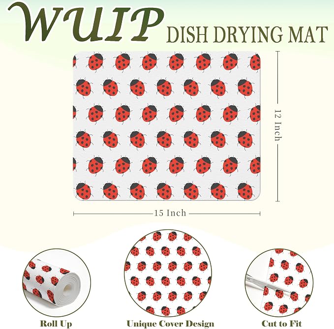 Cute Ladybug Dish Drying Mats for Kitchen Counter, Ladybug Lover Gifts, Red Ladybird Absorbent Reversible Coffee Bar Mat Drying Pad for Kitchen Decor, 12x15 Inch