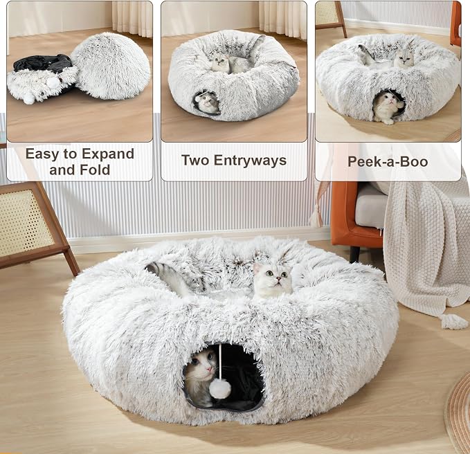 Cat Tunnel with Cat Bed for Indoor Cats, Under Christmas Tree Soft Plush Peekaboo Cat Cave Donut Tunnel, Multifunctional Playground Toys Hideplace for Kittens, Rabbit, Ferret