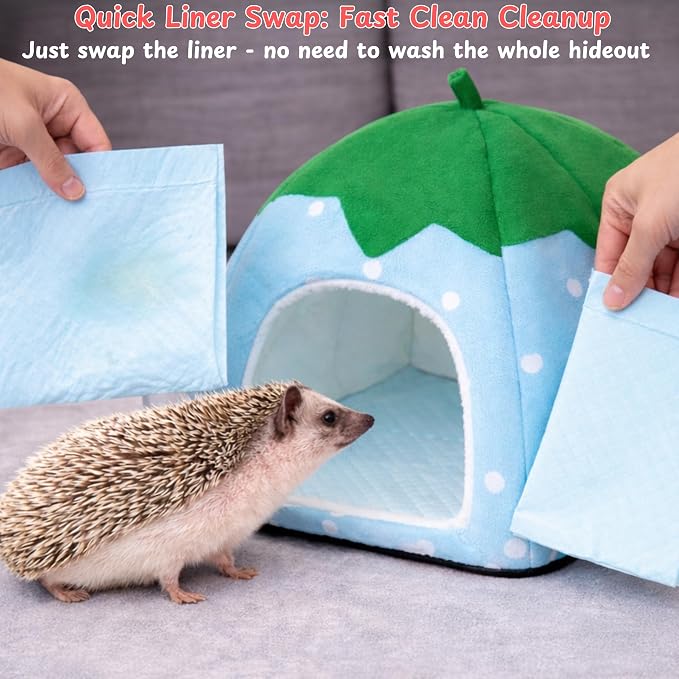 Hides for Hedgehogs Warm Winter Bed, Hedgehog Hideout Bed Nest, Hedgehog Hideout with Disposable Liners, Small Animals Warm House Cage Supplies, Hamster Cage Accessories (Blue, Pee Pads)