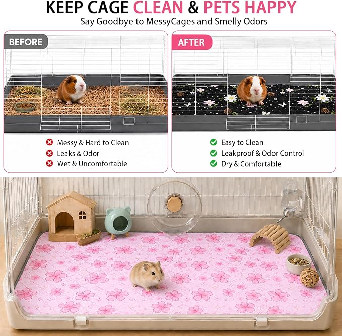 Guinea Pig Cage Liner 2 Pack Super Absorbent Washable Guinea Pig Pee Pads Waterproof Reusable Anti Slip Bedding Pee Pad Mat for Rabbit Bunny Rat Cat (Flowers, 48" x 24" (2 Pack))