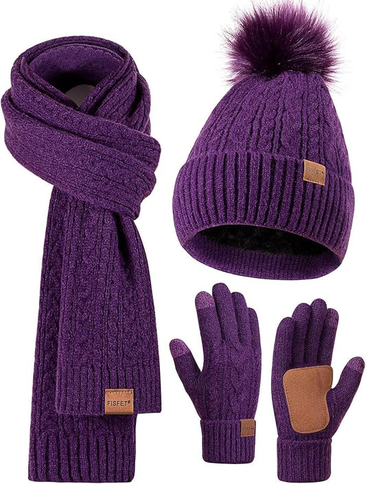 Winter Beanie Hat Scarf Gloves Set for Women, Pom Pom Beanie Fleece Lined Knit Neck Warmer Touchscreen Gloves 3 in 1 Gift Set