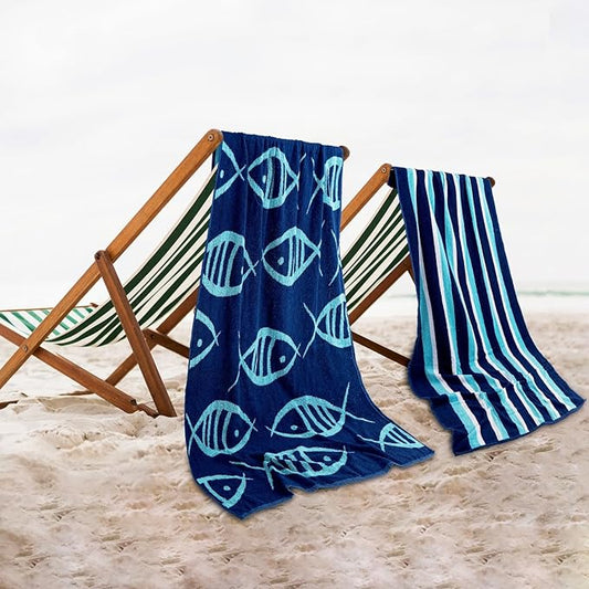 CASA COPENHAGEN Miami Bath Towels Designed in Denmark Rough and Tough, Quick Dry, for Pool, Bath & Shower 30"x60", 2 Pieces Cotton Beach Towels Set - Fish Navy + Turquoise Stripe