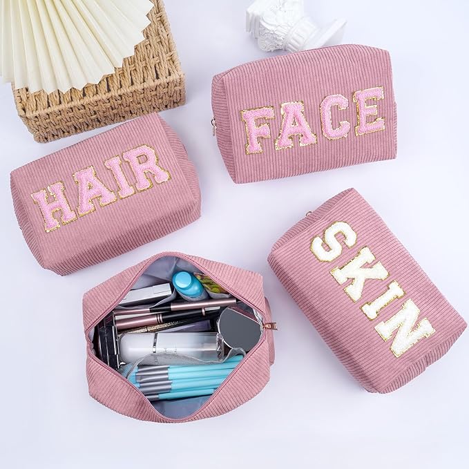 MAGEFY Corduroy Makeup Bag Small Makeup Bag for Purse with Compartments Cute Makeup Pouch Cosmetic Bag for Women Friends Preppy Gifts (Pink, SKIN)