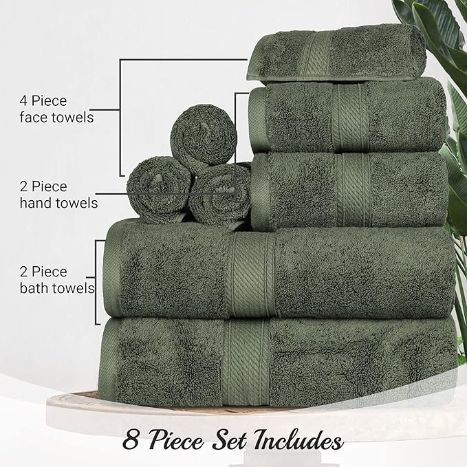 BLUENILEMILLS Madison Egyptian Cotton Towels, Towel Set for Bathroom, Shower, Hotel, Plush, 900 GSM, Highly Absorbent and Ultra-Soft Towels, Bath Essentials, 8 Piece Assorted Towel Set, Forest Green