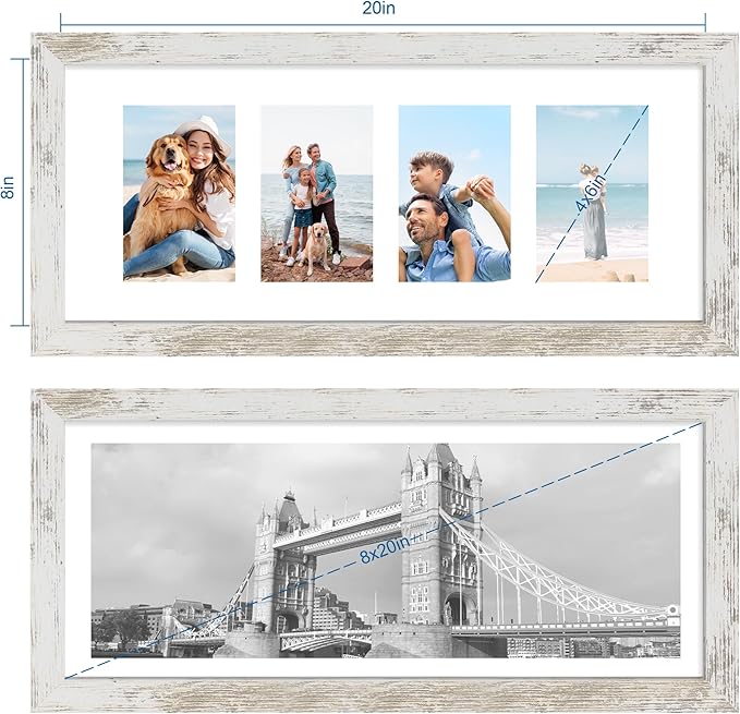 8x20 Picture Frame Set of 2, Distressed White Wood Frame with Tempered Glass Collage Frame, Display Pictures Four 4x6 With Mat or 8 x 20 Without Mat - Horizontal or Vertical Wall Mounting