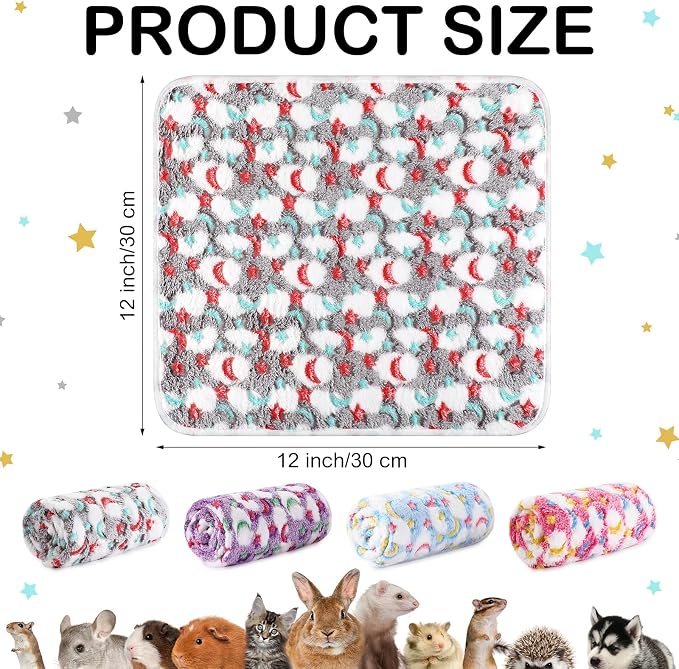 Reginary 4 Pcs Guinea Pig Fleece Blankets, Moon Star, 12 x 12 Inch | Waterproof Washable Cage Liners, Absorbent Double Layer Bedding for Guinea Pigs, Reusable Pads for Hamsters Rabbits