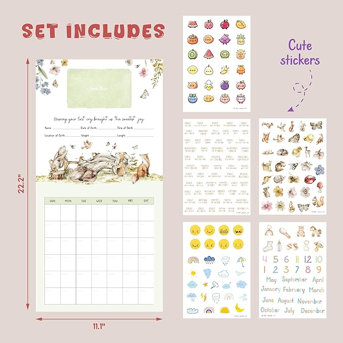 WOODAMORE Baby Calendar First Year with Stickers - Wildflower Baby First Year Memory Book, Babies Milestone Calendar Tracker, Babies 1st Book Keepsake for Newborn Girl