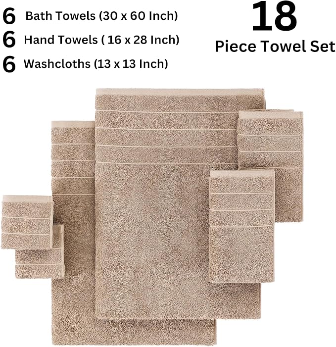Casa Platino 100% Mercerized Cotton Bathroom Towel Set - 18 Pcs - Ring Spun, Super Soft & Highly Absorbent - 6 Large Bath Towels, 6 Washcloths, 6 Hand Towels - Wide Variety of Colours - Tawny Brown
