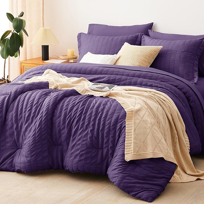 CozyLux Queen Comforter Set Purple Seersucker 7 Pieces Bed in a Bag Queen Comforter Set with Sheets, Luxury Soft Bedding Set with Down Alternative Comforter, Sheets, Pillowcases & Shams for All Season