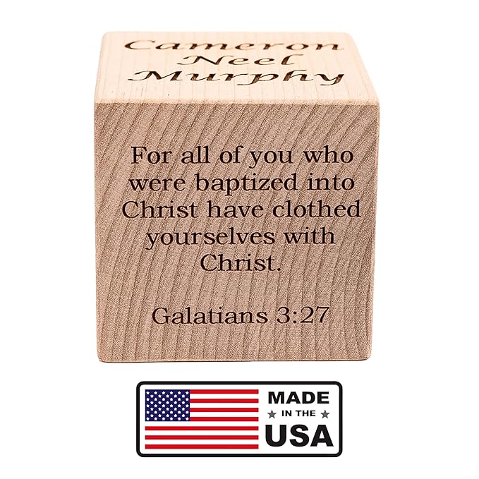 Palmetto Wood Shop Baptism/Dedication/Christening Baby Block - Laser Engraved Baptism Gifts for Babies, Parents, and Family Members, Handcrafted in the USA, Solid Wood Construction - 3 Sizes, 3 Colors