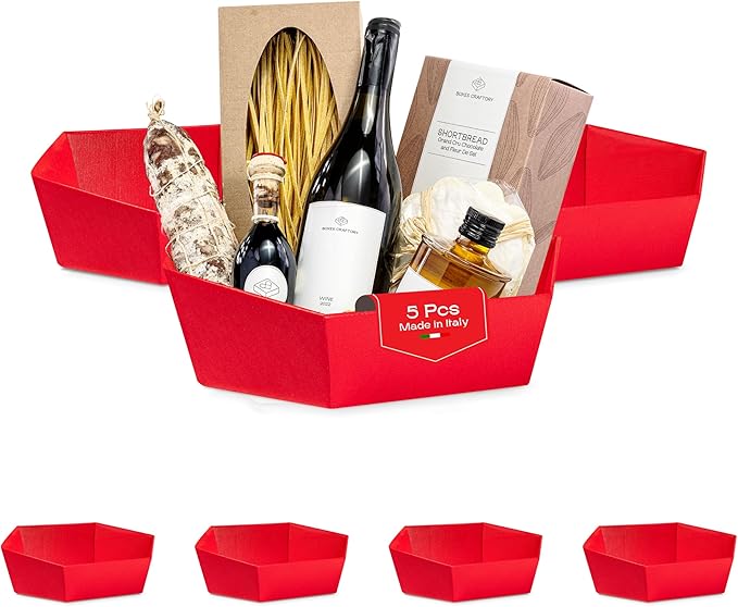 Pack of 5 Baskets for Gifts - Empty Gift Baskets to Fill Ideal for Christmas Gift Baskets and Valentines Day Presents | 11.41" x 9" x 3.34" Red Linen
