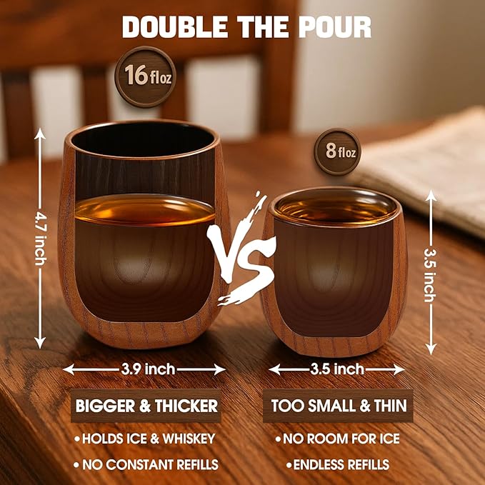 Large Original Charred Wooden Bourbon Drinking Glass | 16 oz Charred Wooden Old Fashioned Whiskey Glass | Bourbon Gifts for Men, Dad, Boyfriend, or Brother | Whiskey Gifts (1 Pack)