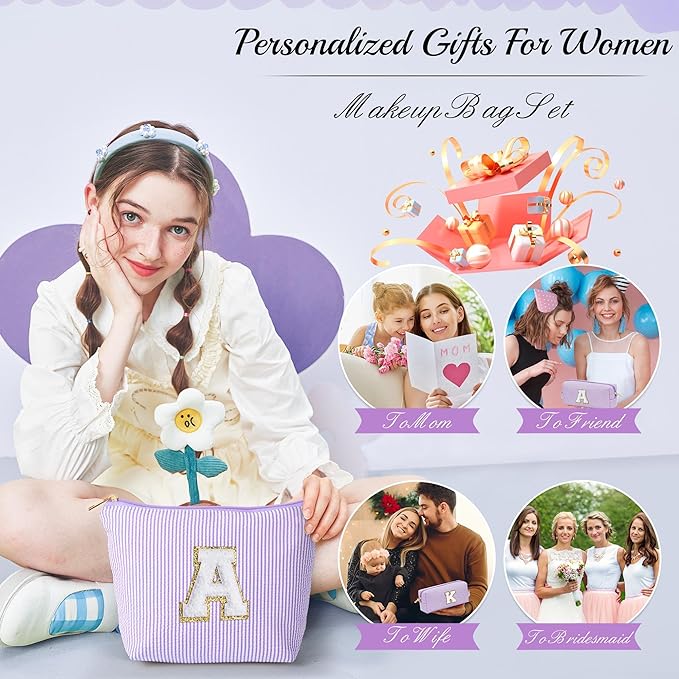 YOOLIFE Birthday Gifts for Kids - Personalized Monogram Makeup Bag Cosmetic Bag Travel Toiletry Bag | Makeup Bag for Girls Teen Girl Friend Sister Wife Girlfriend Daughter Gifts Purple A