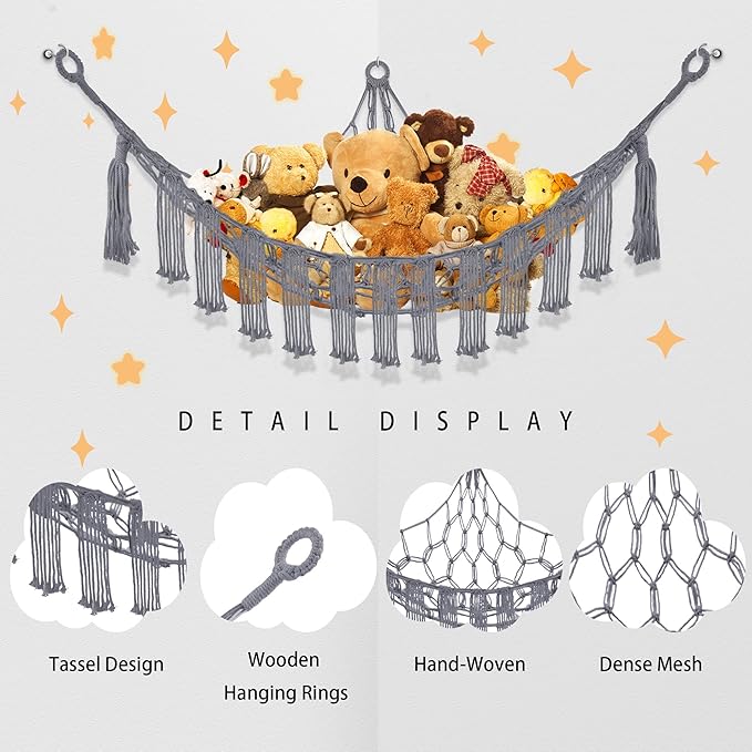 CERETIA Stuffed Animal Hammock with LED Light, Large Stuffed Animals Storage Corner Plushie Net for Kids Room Decor, Grey