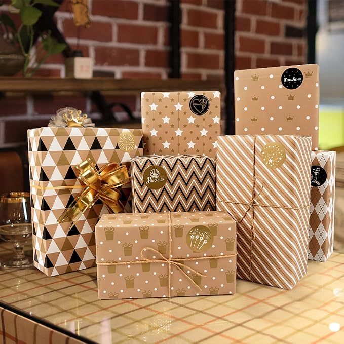 MAMUNU Gift Wrapping Paper Set, 8 Sheets Brown Wrapping Paper for Birthday Graduation and All Occasions, Gift Wrap Paper Set for Men Women, 20x28 Inch