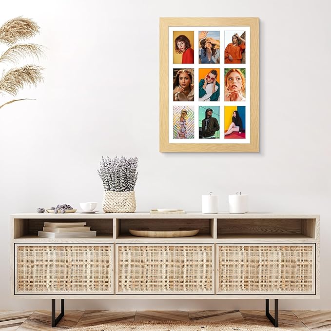 13.5x19.5 Picture Frame Display 9 opening 4X6 Picture Frame Collage,Multi Photo Frame with Mat,Plexiglass,Wall or Tabletop Decor,Natural Wood Grain