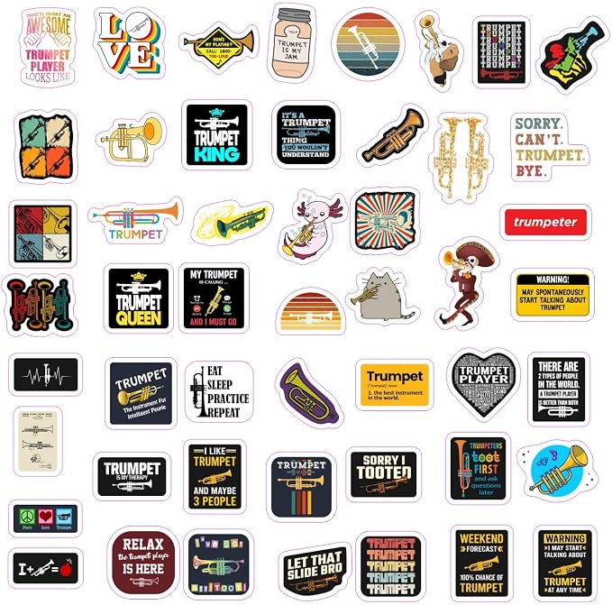 100Pcs Trumpet Stickers for Water Bottle and Laptop - Musical Party Supplies & Decorations, Waterproof Vinyl Instrument Decals, Trumpet and Jazz Stickers Laptop Decals, Gifts for Women & Men
