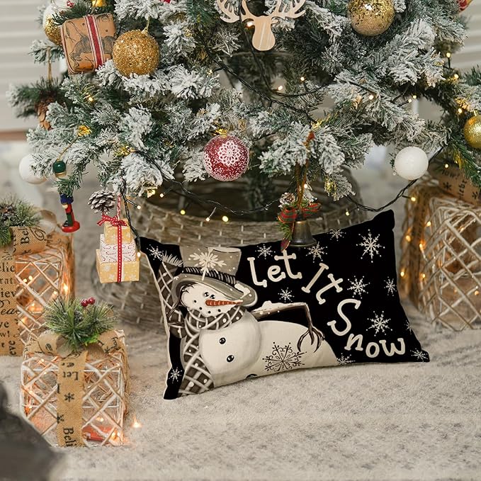 AVOIN colorlife Christmas Winter Polka Dot Snowman I Smell Snow Black Throw Pillow Cover, 12 x 20 Inch Winter Holiday Cushion Case Decoration for Sofa Couch