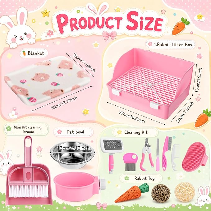 Reallnaive 15 Pcs Rabbit Starter Kit Small Rabbit Litter Box Girls Gift Animal Grooming Kit Bunny Toys Bowl Blankets with Cleaning Set for Guinea Pig Accessories(Light Pink)
