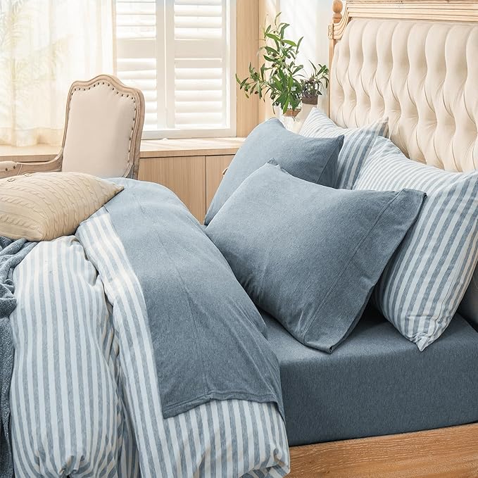 PURE ERA Jersey Knit 4pc Bed Sheet Set 100% T-Shirt Cotton Super Soft Comfy Breathable Fits Mattress Up to 20" Extra Deep Pocket (Heather Blueish Grey, King)