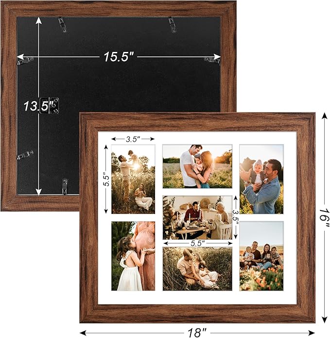 13.5x15.5 Picture Frame Display 7 opening 4X6 Picture Frame Collage,Multi Photo Frame with Mat,Plexiglass,Wall or Tabletop Decor,Carbonized Brown Wood Grain